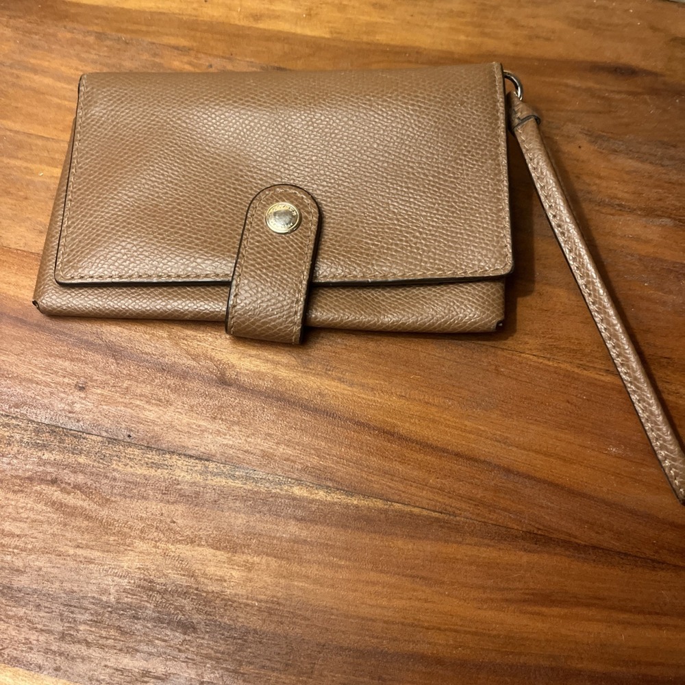 Coach Brown Saffiano Leather Wallet Wristlet Zippered Logo Snap Closure EUC‎